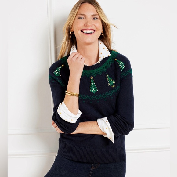 NEW $139 Talbots Embellished Christmas Tree Sweater Fair Isle Crewneck XS A - Picture 1 of 12